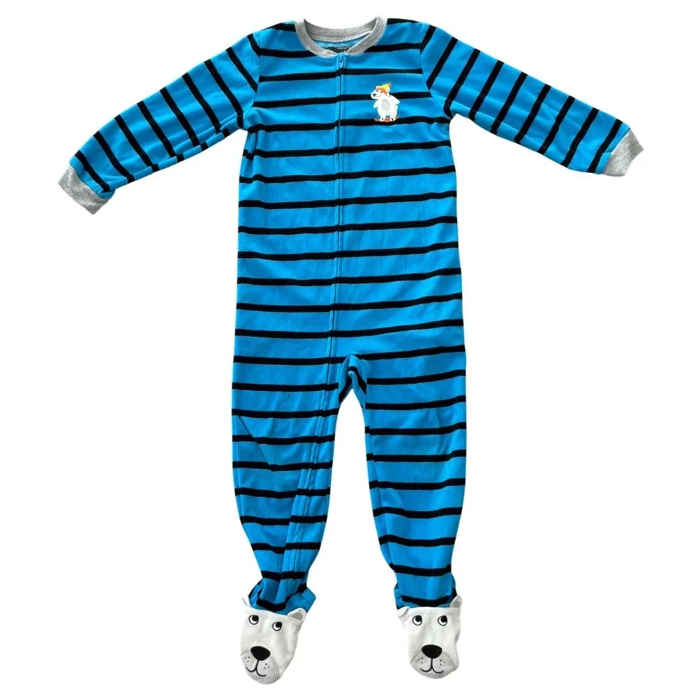 Carters Kids Blue Black Striped Polar Bear Fleece‎ Footed Pajamas Sleeper Size 4